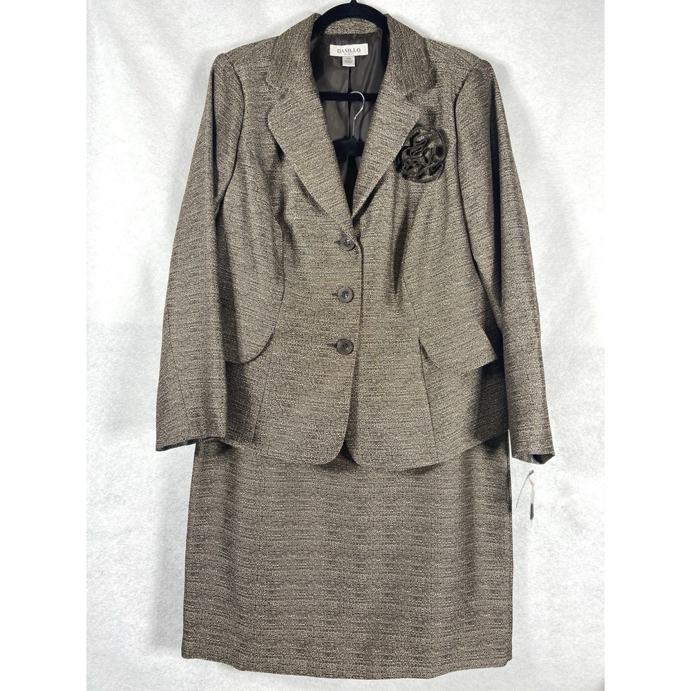 Danillo 2PC Skirt Suit Women's 14W Brown Metallic Blazer Button Formal New
